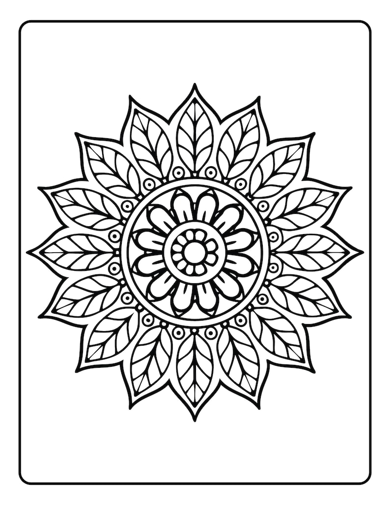 May include: Black and white mandala design with a floral pattern. The design features a central flower surrounded by multiple layers of detailed leaves and circular elements, all within a rectangular border. Ideal for coloring or decorative purposes.