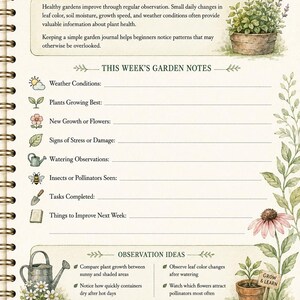 May include: A spiral-bound Weekly Garden Observation Journal page featuring botanical illustrations of potted plants, flowers, and gardening tools. The layout includes sections for weather, plant growth, watering, and observation ideas with text.