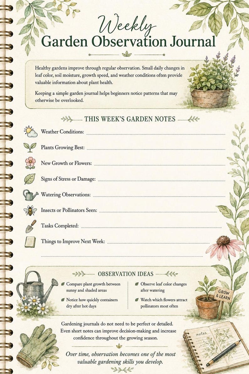 May include: A spiral-bound Weekly Garden Observation Journal page featuring botanical illustrations of potted plants, flowers, and gardening tools. The layout includes sections for weather, plant growth, watering, and observation ideas with text.