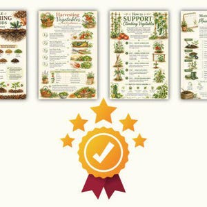 May include: Four rectangular educational posters featuring gardening guides titled Simple Mulching Methods for Beginners, Harvesting Vegetables, How to Support Climbing Vegetables, and Monthly Garden Maintenance Planner, displayed above a gold star award icon.