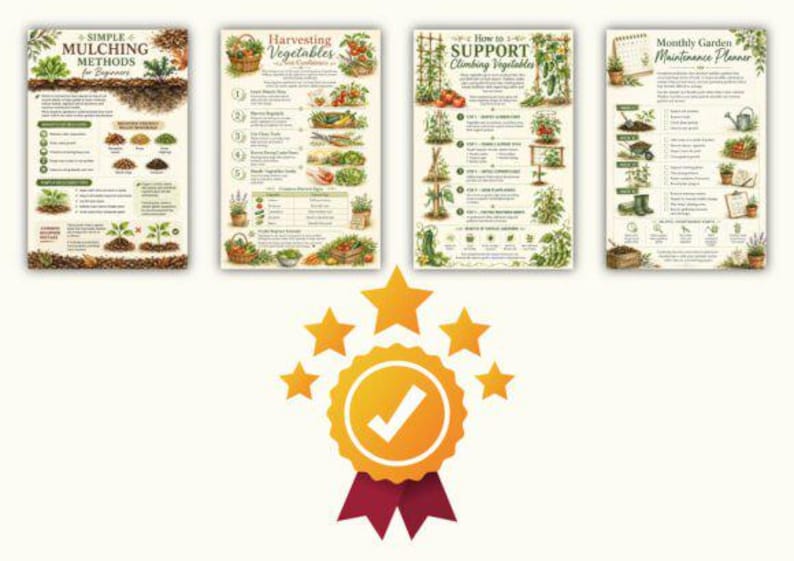 May include: Four rectangular educational posters featuring gardening guides titled Simple Mulching Methods for Beginners, Harvesting Vegetables, How to Support Climbing Vegetables, and Monthly Garden Maintenance Planner, displayed above a gold star award icon.
