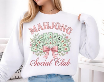Mahjong Social Club PNG | Coquette Bow Shirt Design | Retro Mahjong Lover PNG | Cute Game Night Sublimation Download