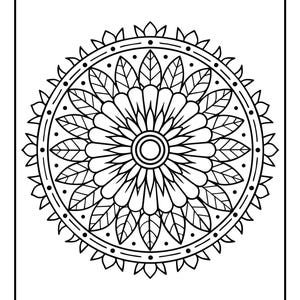 May include: Black and white mandala coloring page. The design features a central floral pattern surrounded by leaves, dots, and a decorative border. Perfect for relaxation and creative expression.