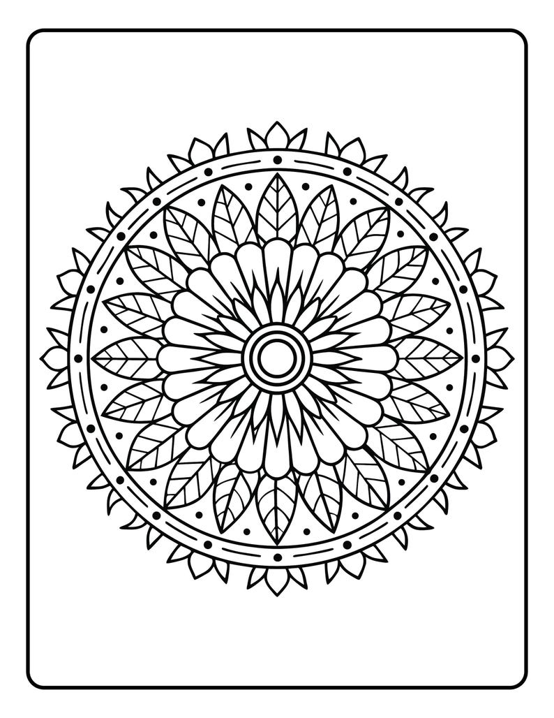May include: Black and white mandala coloring page. The design features a central floral pattern surrounded by leaves, dots, and a decorative border. Perfect for relaxation and creative expression.