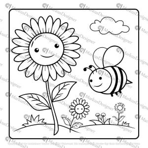 以下が含まれることがあります： 笑顔のヒマワリと笑顔のミツバチ、雲、その他の花々の白黒線画イラスト。 この画像は漫画スタイルの描画です。