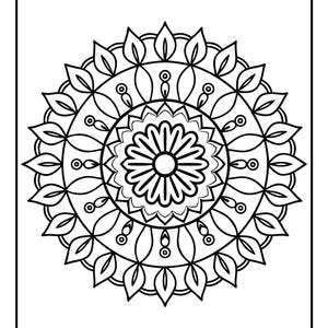May include: Black and white mandala design with intricate floral and geometric patterns. The circular design features a central flower surrounded by detailed leaf and dot motifs, perfect for coloring and relaxation.