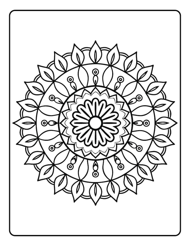May include: Black and white mandala design with intricate floral and geometric patterns. The circular design features a central flower surrounded by detailed leaf and dot motifs, perfect for coloring and relaxation.