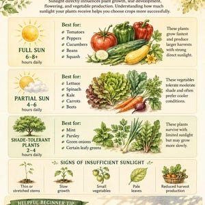 May include: An educational infographic titled Understanding Sunlight and Plant Needs. It features illustrations of vegetables, sun icons, and text explaining light requirements for plants, including full sun, partial sun, and shade-tolerant categories.