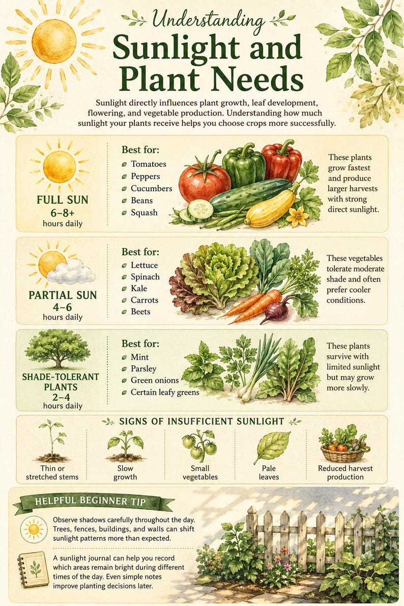 May include: An educational infographic titled Understanding Sunlight and Plant Needs. It features illustrations of vegetables, sun icons, and text explaining light requirements for plants, including full sun, partial sun, and shade-tolerant categories.