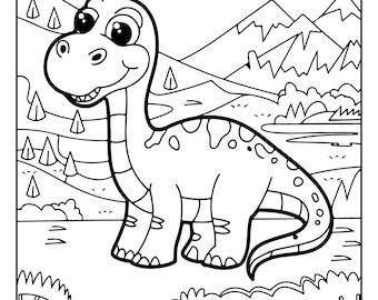 May include: Black and white line art illustration of a friendly dinosaur with a long neck, spots, and a smiling face. The dinosaur is set in a landscape with mountains, trees, and a lake, perfect for coloring.
