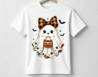 Kawaii Halloween Ghost PNG – cute ghost with pumpkin & bow for t-shirts, stickers and sublimation