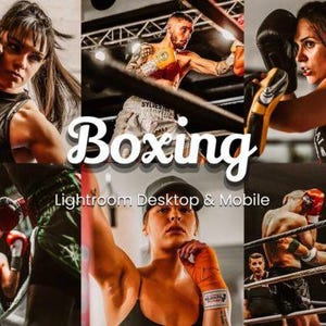 Pode incluir: Uma colagem de seis fotografias com temática de boxe mostrando atletas em treino e competição, com o texto branco Boxing Lightroom Desktop & Mobile centrado sobre as imagens, exibindo vários lutadores com luvas e equipamento desportivo.