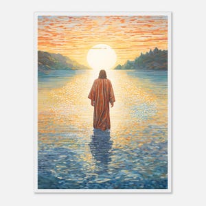 May include: A religious art print depicts a figure in a long, orange robe walking on water towards a bright sun. The water reflects the sunlight, creating a path. The sky is a blend of orange and yellow.