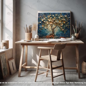 Könnte beinhalten: Ein gut beleuchtetes Künstleratelier mit einem Holztisch, Stuhl und Fenster. Ein gerahmtes Gemälde eines Baumes mit goldenen und weißen Blüten hängt an der Wand. Pinsel, Bleistifte und andere Kunstutensilien liegen auf dem Tisch.