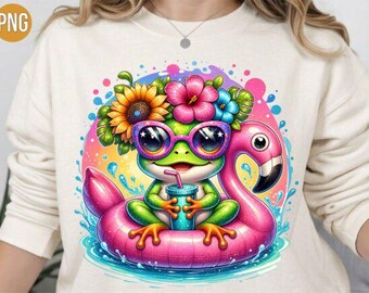 Cute Frog on Flamingo Float PNG | Summer Sublimation File | Cute Frog PNG for T-Shirt, Mug & POD Design