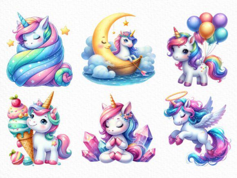 31 Cute Unicorn Clipart PNG Set, Magical Unicorn Illustration, Kawaii ...