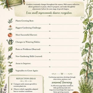 May include: A printed garden journal page titled Mid-Season Garden Reflection with botanical illustrations of plants, a basket of vegetables, and a watering can. The page includes lined sections for gardening notes and reflection ideas.