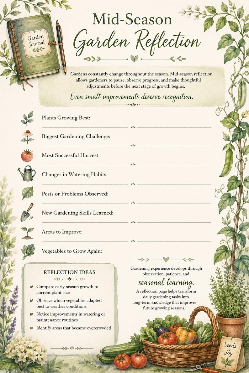 May include: A printed garden journal page titled Mid-Season Garden Reflection with botanical illustrations of plants, a basket of vegetables, and a watering can. The page includes lined sections for gardening notes and reflection ideas.