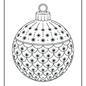 May include: Black and white line art illustration of a Christmas bauble. The bauble has a round shape with a decorative pattern of stars and scallop shapes. It includes a small loop at the top for hanging.