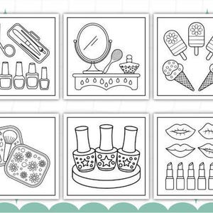 Könnte beinhalten: Schwarz-Weiß-Illustrationen von Schönheits- und Kosmetikartikeln. Die Bilder zeigen Nagellack, eine Schere, einen Spiegel, Eiscreme, Make-up-Pinsel, Lippenstifte und Lippen.