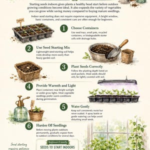 May include: An instructional infographic titled Starting Seeds Indoors featuring watercolor illustrations of seed packets, seedling trays, soil, a spray bottle, and a trowel. It outlines six steps for gardening, including container selection and care.
