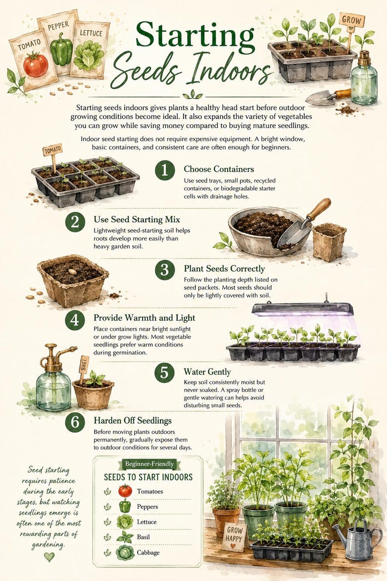 May include: An instructional infographic titled Starting Seeds Indoors featuring watercolor illustrations of seed packets, seedling trays, soil, a spray bottle, and a trowel. It outlines six steps for gardening, including container selection and care.