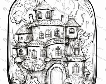 50 coloring pages for adults in PDF format – coloring book page with fantasy landscape