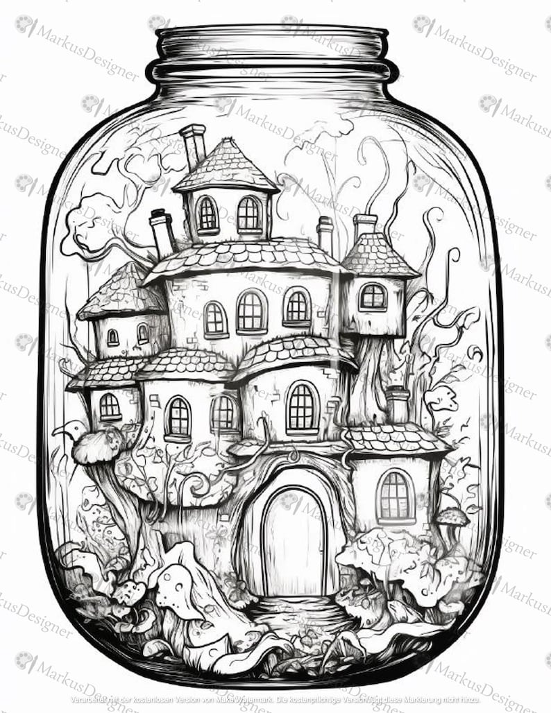 50 coloring pages for adults in PDF format – coloring book page with fantasy landscape image 1