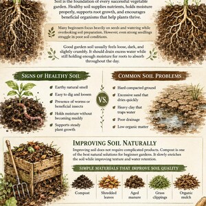 May include: An educational infographic titled Healthy Soil Creates Healthy Plants, featuring watercolor illustrations of plants with visible root systems, a compost bin, and garden tools, alongside text explaining soil health, problems, and natural improvements.