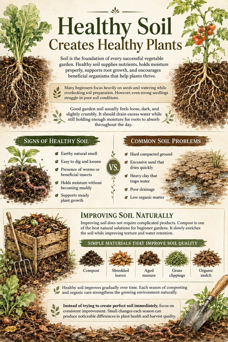 May include: An educational infographic titled Healthy Soil Creates Healthy Plants, featuring watercolor illustrations of plants with visible root systems, a compost bin, and garden tools, alongside text explaining soil health, problems, and natural improvements.