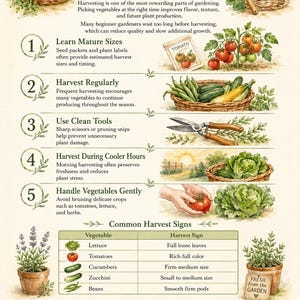 May include: An educational infographic titled Harvesting Vegetables with Confidence, featuring watercolor illustrations of garden produce, baskets, and pruning shears. It provides five numbered tips for gardening and a table listing harvest signs for vegetables.