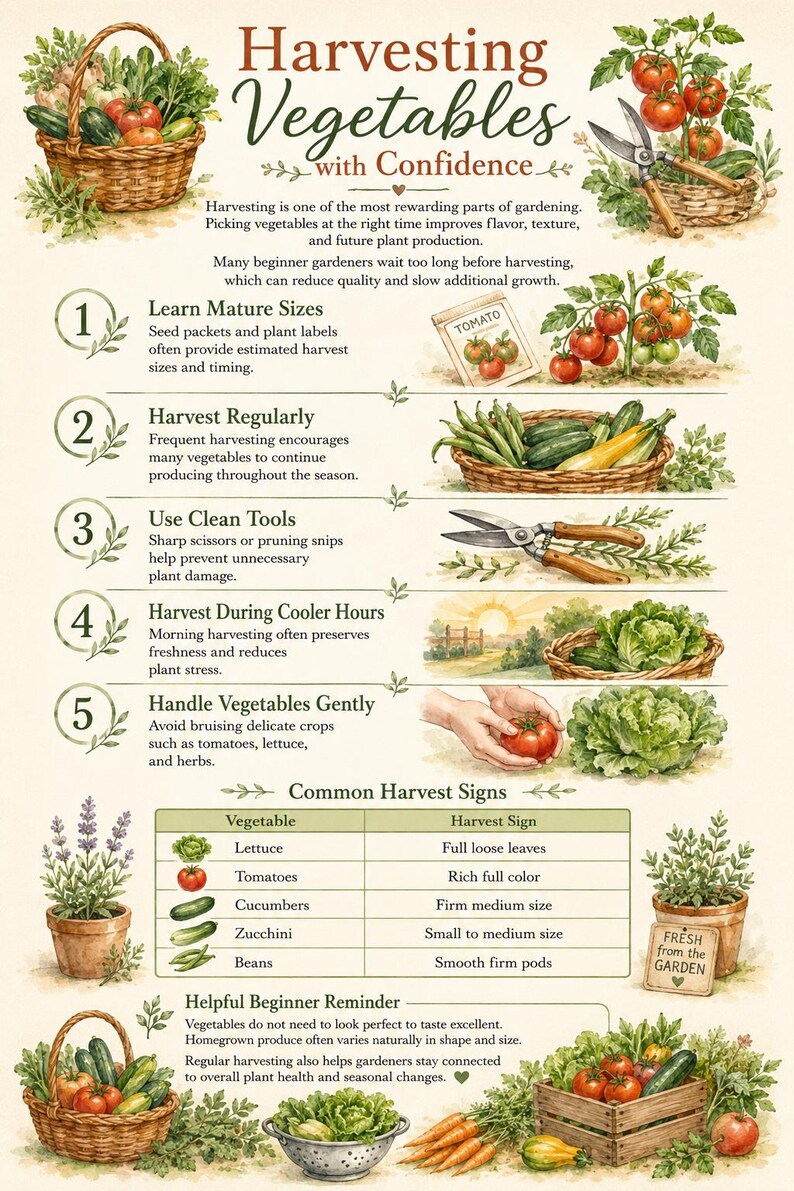 May include: An educational infographic titled Harvesting Vegetables with Confidence, featuring watercolor illustrations of garden produce, baskets, and pruning shears. It provides five numbered tips for gardening and a table listing harvest signs for vegetables.