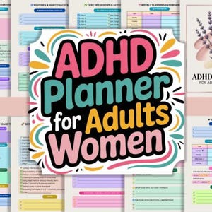 Könnte beinhalten: ADHS-Planer für erwachsene Frauen. Der Planer enthält farbenfrohe Seiten mit Abschnitten für Zeitmanagement, Routinen und Selbstpflege. Das Cover zeigt den Titel in einem lebendigen Design mit einer floralen Illustration.
