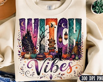 Witch Vibes PNG | Vintage Halloween Typography Design | Spooky Witchy Shirt | Sublimation T-Shirt | Digital Download 300 DPI