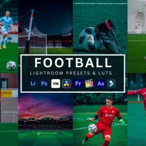 May include: A collage of images featuring soccer players in action, soccer balls, and soccer cleats. The text "FOOTBALL LIGHTROOM PRESETS & LUTS" is displayed in a white rectangle with app icons below.