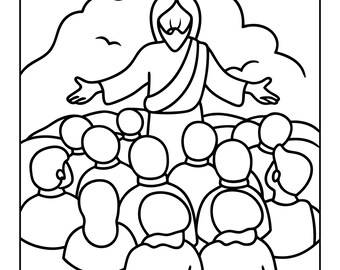 Könnte beinhalten: Schwarz-Weiß-Strichzeichnung einer religiösen Figur mit ausgestreckten Armen, die vor einer Menschenmenge steht. Der Hintergrund zeigt Wolken und einen kleinen Vogel.