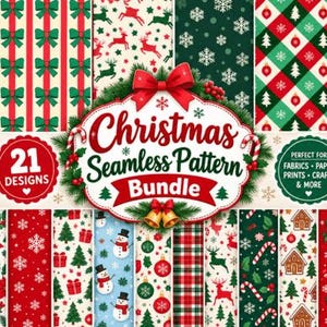 Könnte beinhalten: Ein digitales Bündel aus 21 nahtlosen Weihnachtsmustern mit Lebkuchenmännern, roten Schleifen, Rentieren, Schneeflocken, Weihnachtsmann, Schneemännern, Zuckerstangen und Pinguinen. Das zentrale Etikett trägt die Aufschrift Christmas Seamless Pattern Bundle.