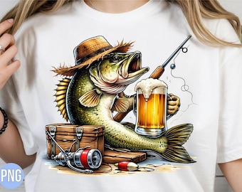 Funny Fish with Beer PNG – Funny Fishing Design – Angler Humor T-Shirt Design, Beer Fish Clipart – Gift for Anglers – Instant Download