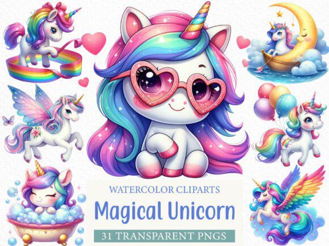 31 Cute Unicorn Clipart PNG Set, Magical Unicorn Illustration, Kawaii ...