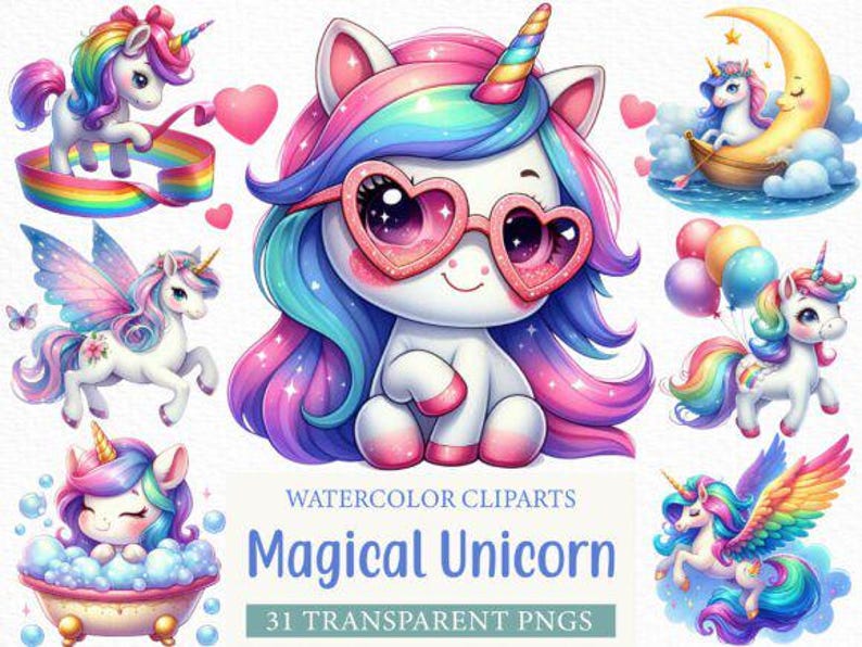 31 Cute Unicorn Clipart PNG Set, Magical Unicorn Illustration, Kawaii ...