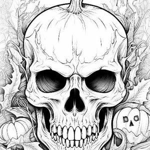 Puede incluir: Ilustración en blanco y negro de una calavera con una calabaza encima. La calavera tiene una mandíbula y dientes prominentes. Calabazas y hojas rodean la calavera, creando un tema de Halloween.