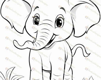 Puede incluir: Una ilustración de arte lineal en blanco y negro de un elefante de dibujos animados de pie sobre la hierba. El elefante tiene orejas grandes, una trompa curva y ojos grandes. El texto MarkusDesigner se repite por todo el fondo.