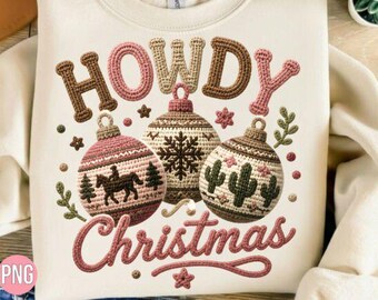 Western Christmas Ornament PNG, Cowboy Christmas Design in Crochet Style for Sublimation & DIY