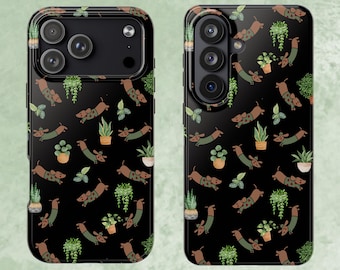 Black Dachshund Phone Case - Wiener Dogs with Houseplants for Iphone and Samsung