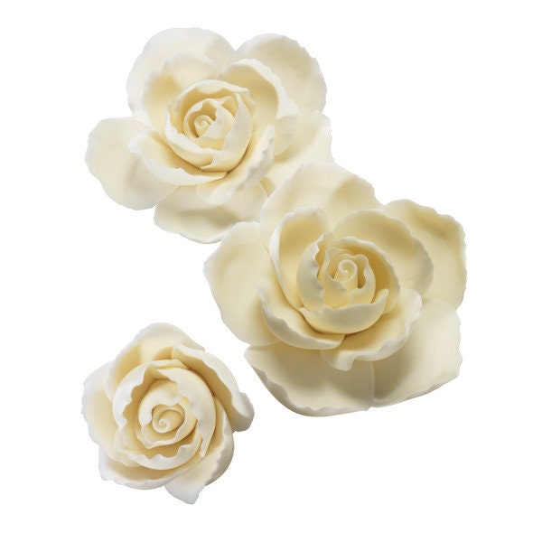 3ct Cream/White Ruffled Rose Gum Paste Flowers for Weddings and Cake Decorating - Ships Insured!