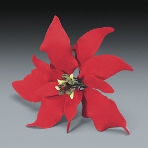 May include: A vibrant red poinsettia flower with multiple petals and a detailed center. The flower is set against a gray background, showcasing its bright color and intricate design. This festive floral arrangement is perfect for holiday decorations.