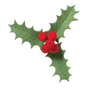 Könnte beinhalten: Ein Stechpalmenzweig mit drei grünen, stacheligen Blättern und fünf leuchtend roten Beeren. Stechpalme ist eine klassische Weihnachtsdekoration, die oft in Kränzen und anderen festlichen Arrangements verwendet wird. Die Blätter sind tiefgrün und die Beeren leuchtend rot.