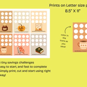 May include: Printable savings challenges on 8.5" x 11" paper. The design features six small savings challenges with fall-themed illustrations, including a candle, pumpkin, window, coffee mug, blanket, and book. The text reads "Hello Fall" and "color in the icons as you save!"