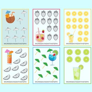 Puede incluir: Seis tarjetas rectangulares con ilustraciones de bebidas y el texto MICROSAVINGWITHSTEPH. Los diseños incluyen una bebida de coco con sombrillas, fresas con una bebida de bayas, rodajas de limón con limonada, rodajas de naranja con cóctel, sombrillas verdes con una bebida azul y rodajas de lima con una bebida de lima.