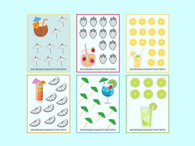 Op de afbeelding: Zes rechthoekige kaarten met illustraties in drankthema en de tekst MICROSAVINGWITHSTEPH. De ontwerpen bevatten een kokosnootdrankje met parasolletjes, aardbeien met een bessenmix, citroenschijfjes met limonade, sinaasappelschijfjes met cocktail, groene parasolletjes met een blauw drankje en limoenschijfjes met limoendrank.